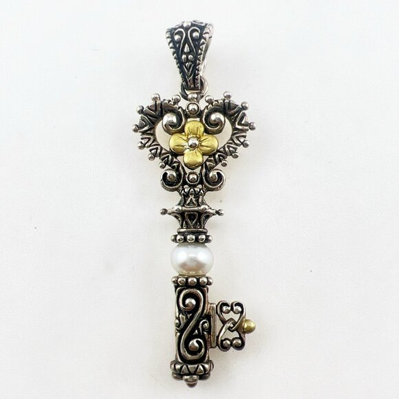 Barbara Bixby Pendant Key Pearl 18K Yellow Gold Sterling Silver 925 Enhancer  2" - Picture 1 of 15